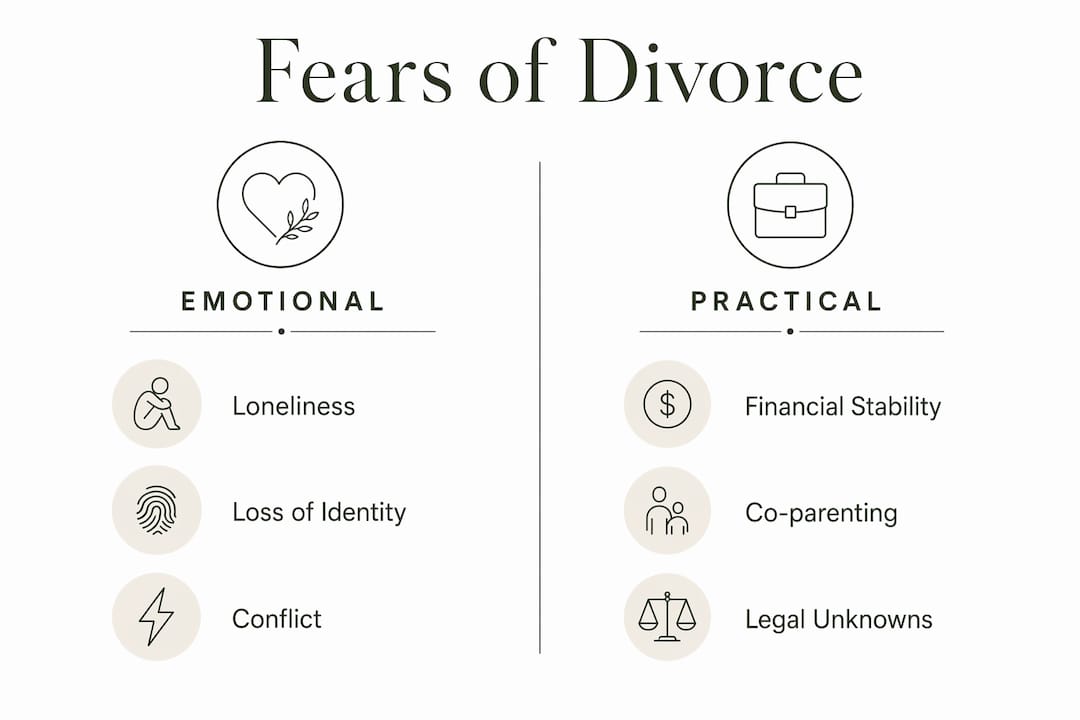 Infographic displaying emotional and practical fears of divorce