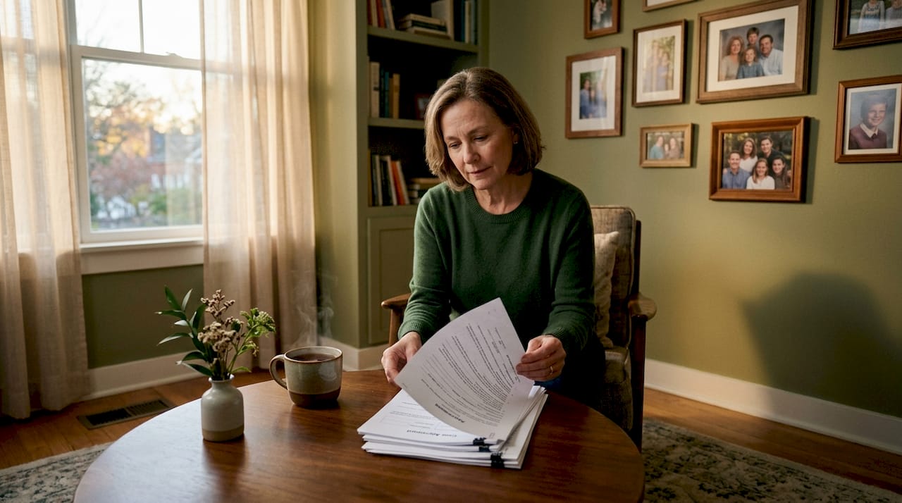 Woman reviewing divorce documents at home