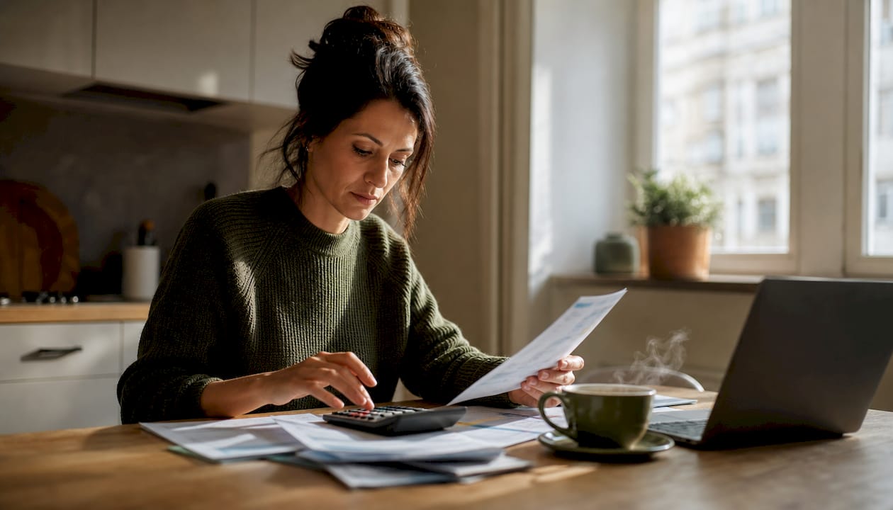 Woman reviewing divorce planning documents at home