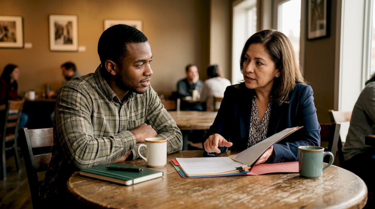 Client and lawyer discuss divorce documents