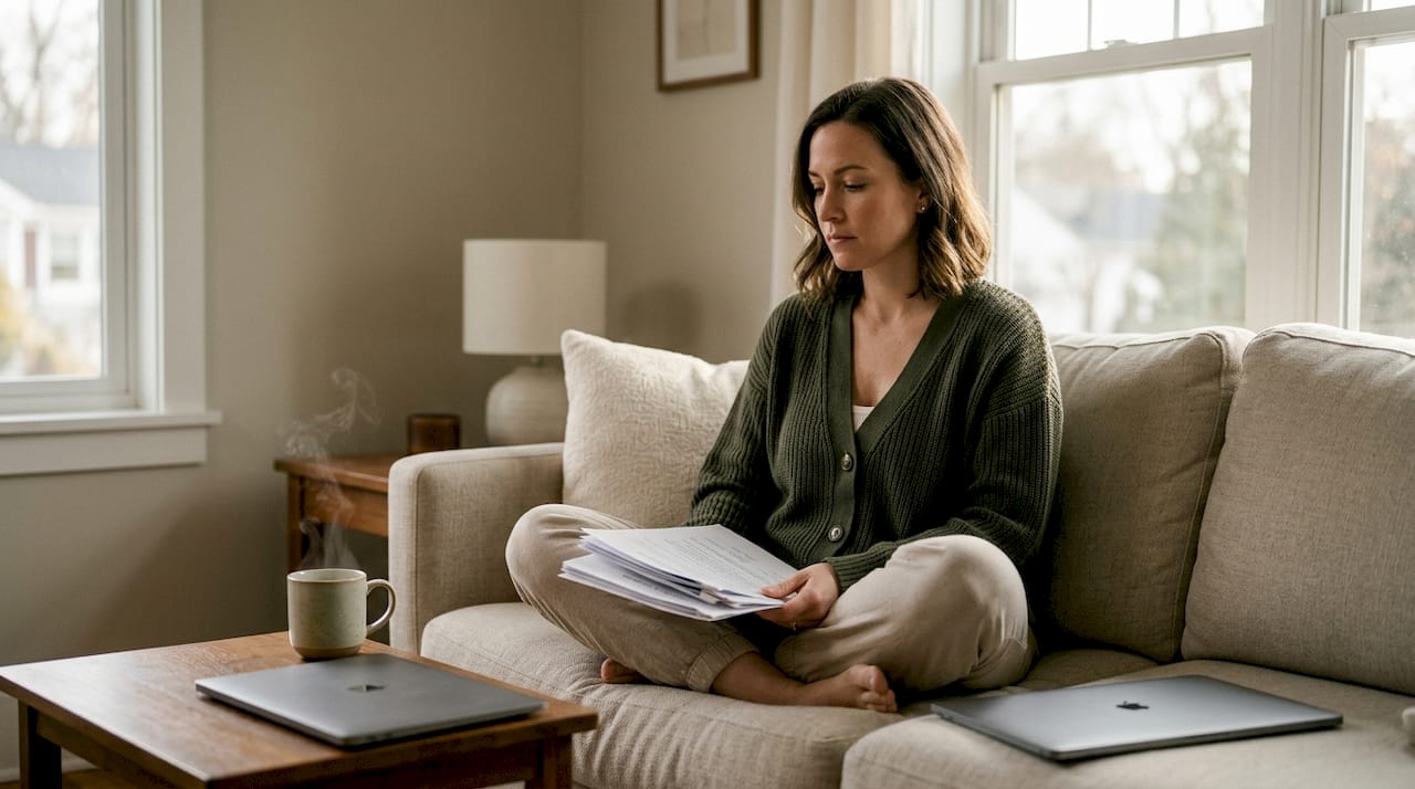 Woman at kitchen table prepares divorce papers