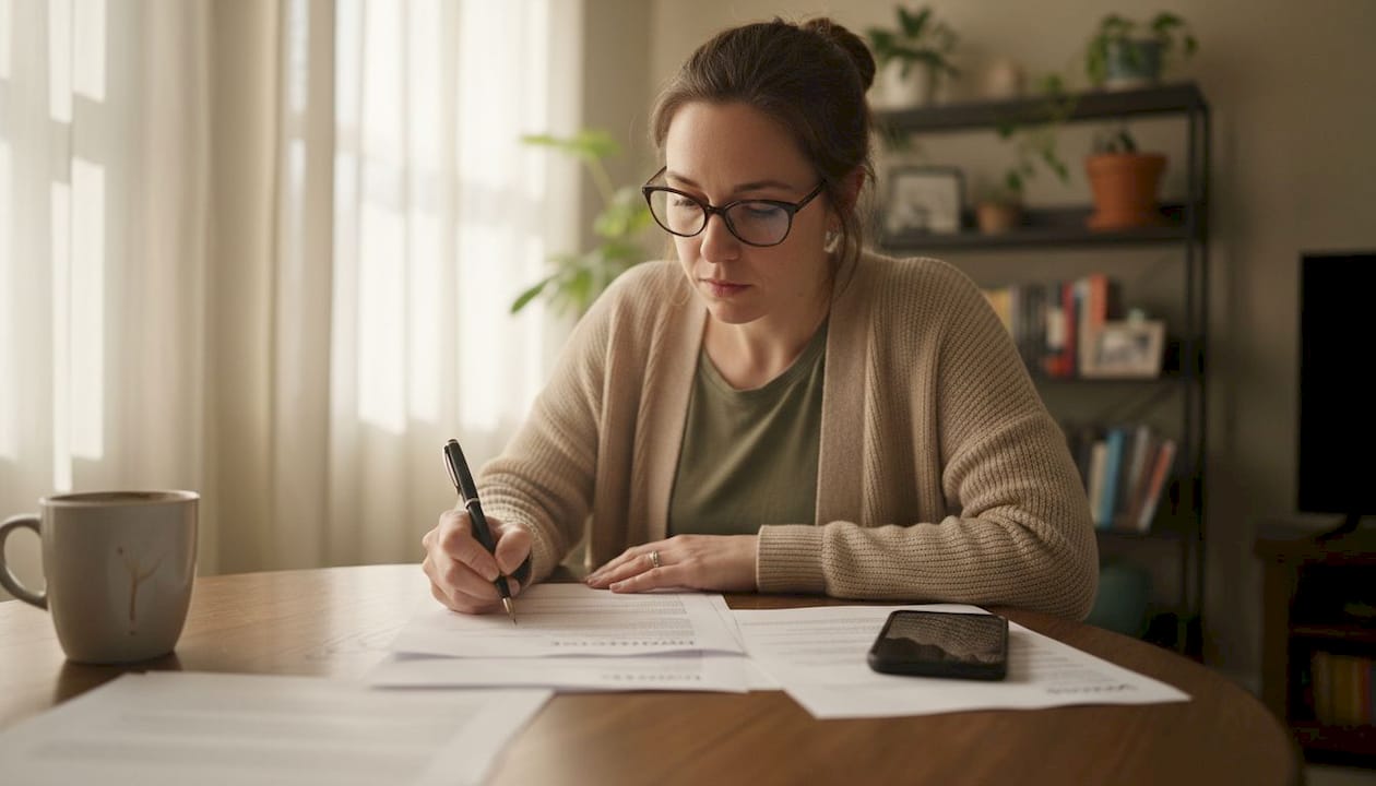 Woman reviewing divorce papers at kitchen table