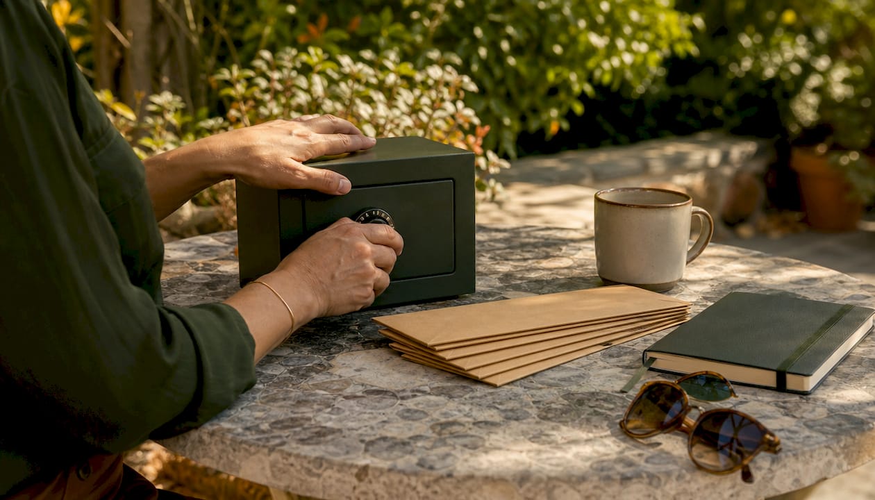 Hands securing documents in a portable safe