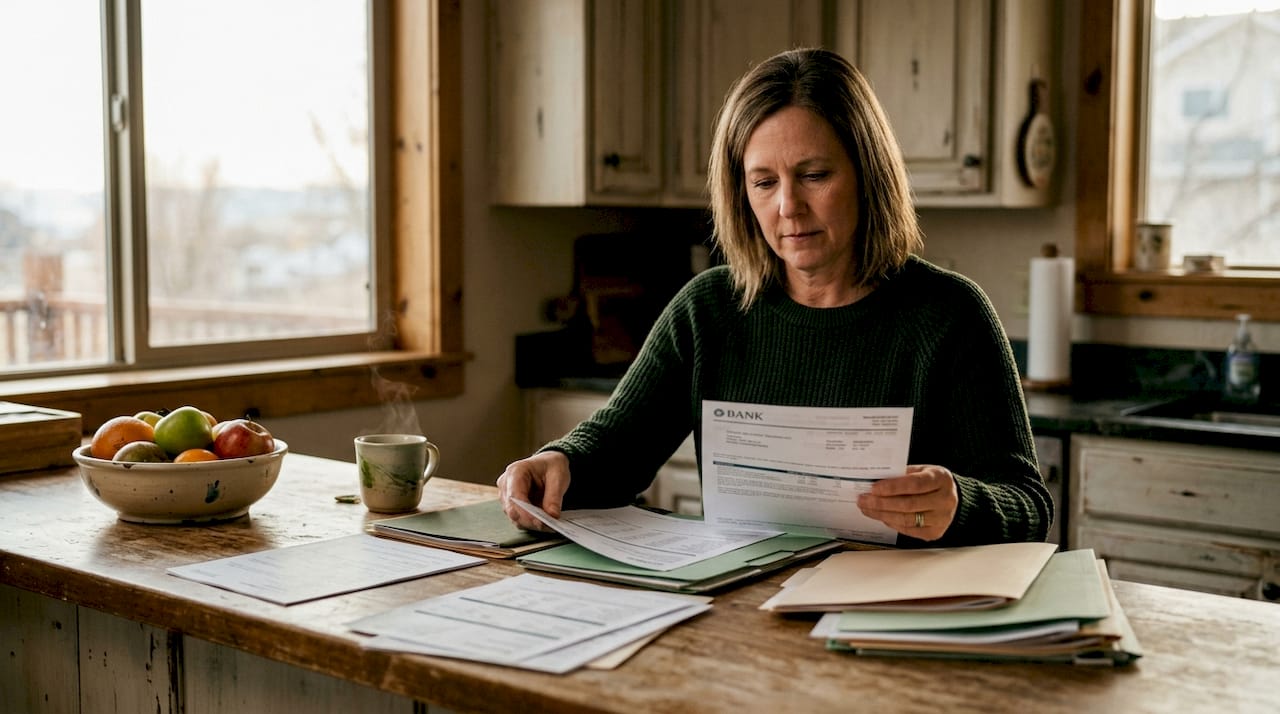 Woman organizing divorce discovery documents at home