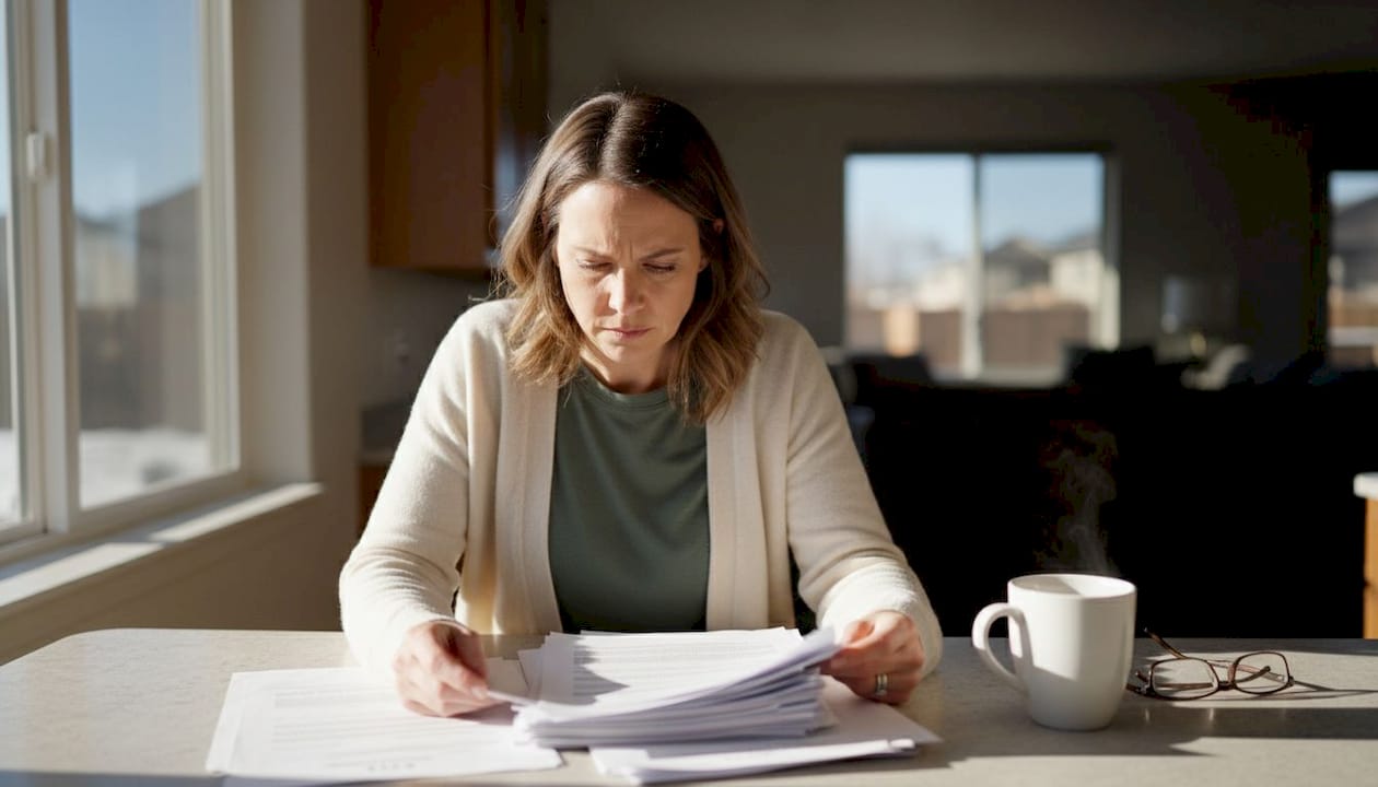 Woman reviewing divorce documents at home desk