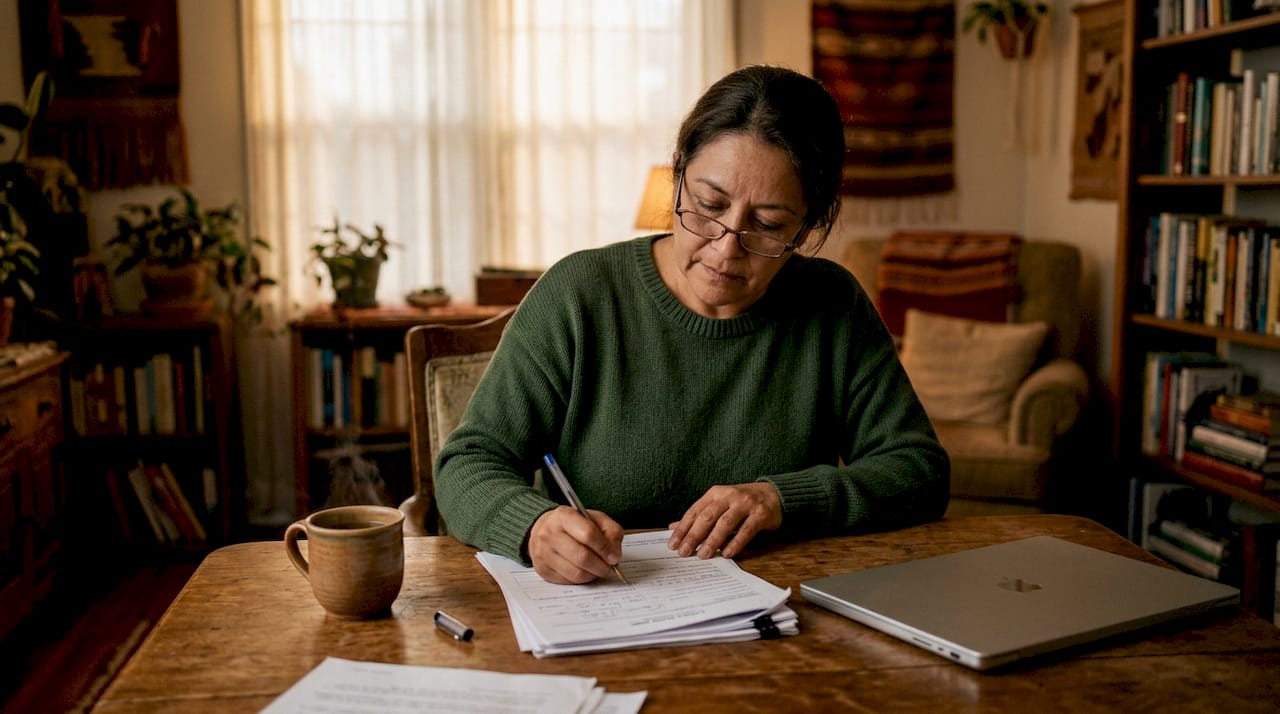 Woman completing divorce paperwork at home