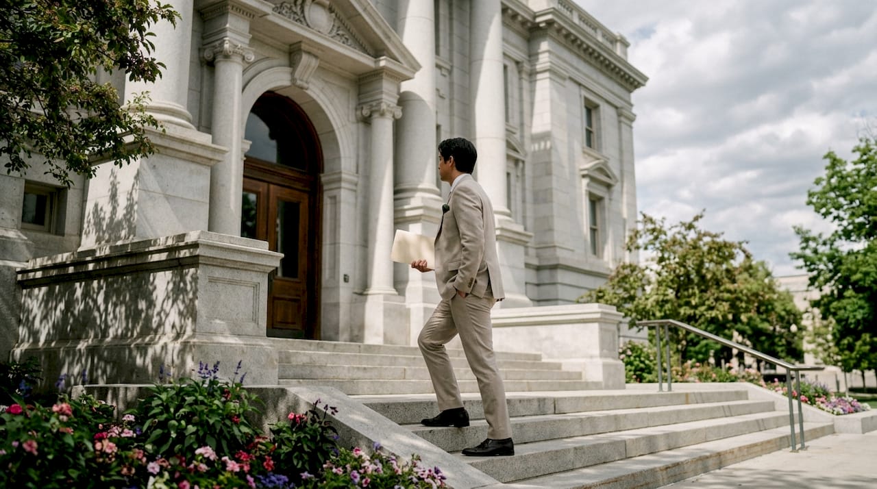 Utah district courthouse entrance with visitor